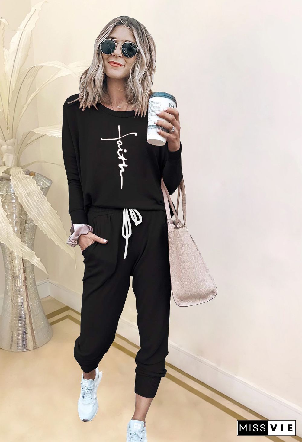 Casual Long Sleeve T Shirt Lounge 2 Piece Pants Set