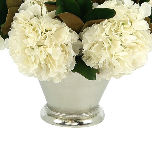 Hydrangea and Magnolia Leaf Arrangement in a Metal Vase