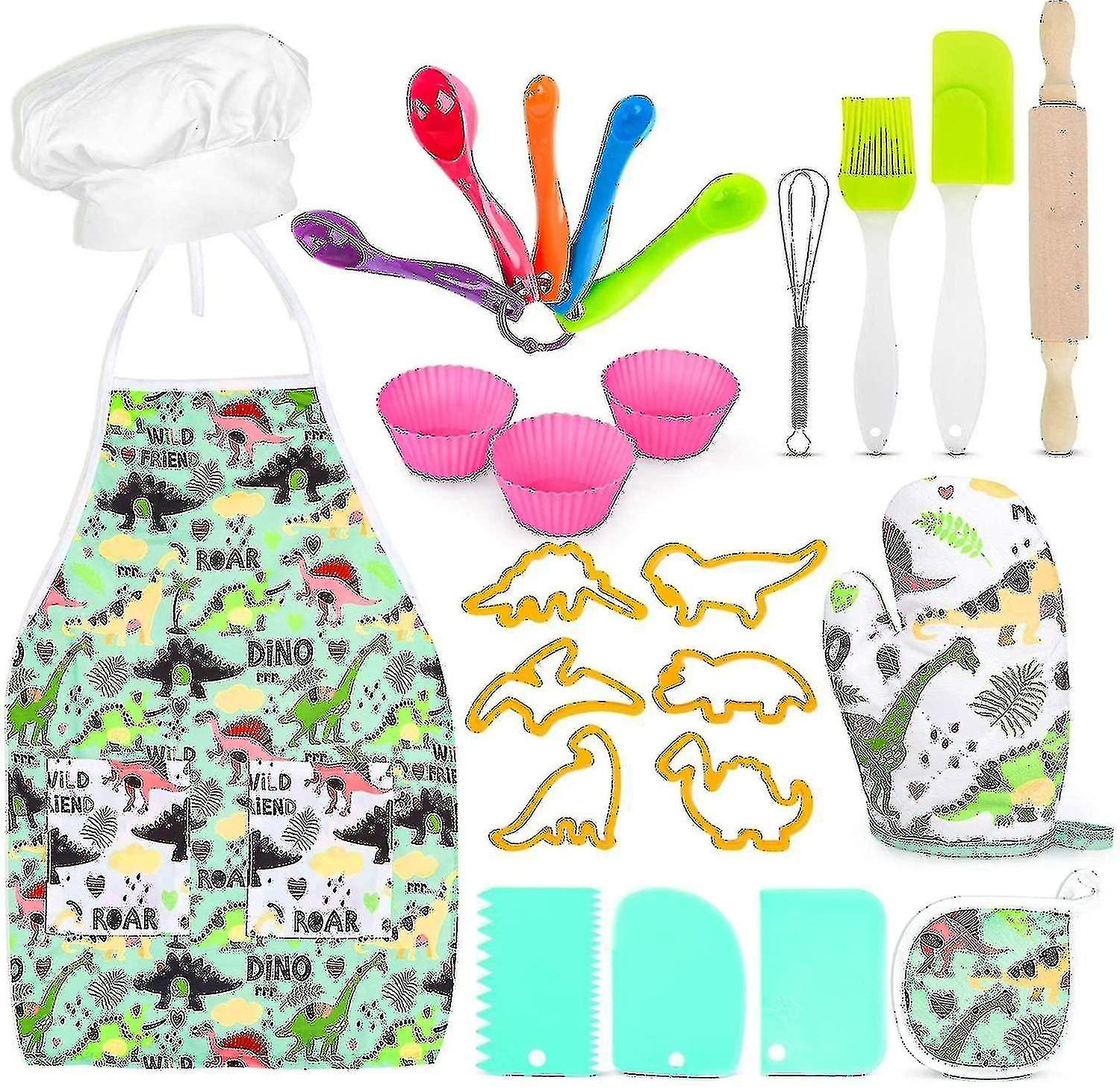 Kids Baking Set With Dinosaur Apron， Chef Dress Up Kitchen Role Play Toys For Little Boys Girls_y S