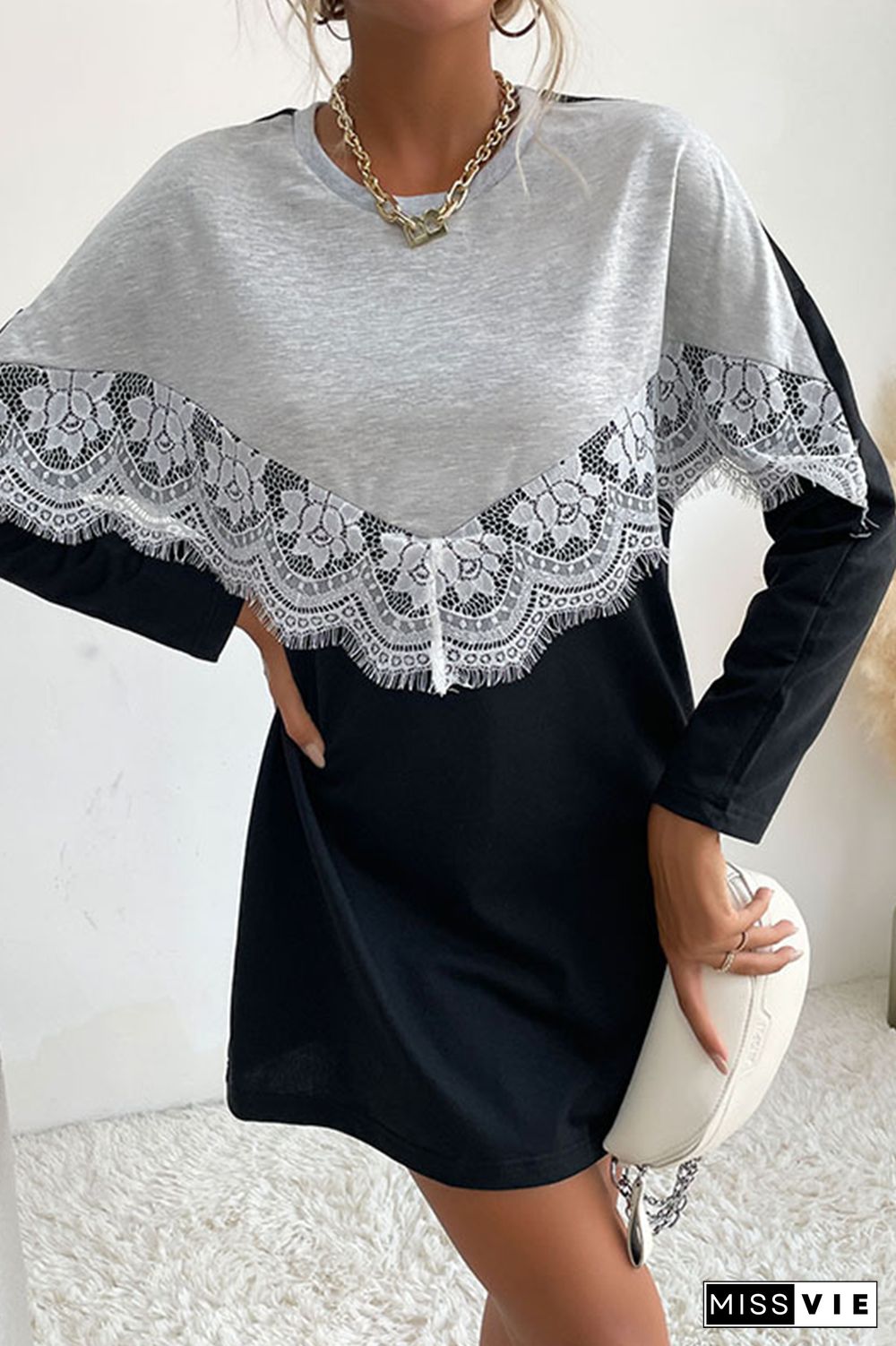 Street Patchwork Lace Contrast O Neck Dresses