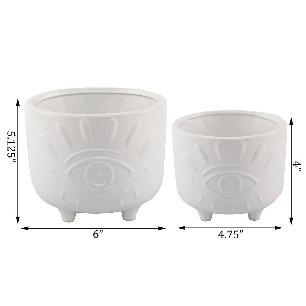 Flora Bunda 6 in. and 4.75 in. Matte White Evil Eye Ceramic Plant Pot with Legs (Set of 2) CT1423E2-MTWH