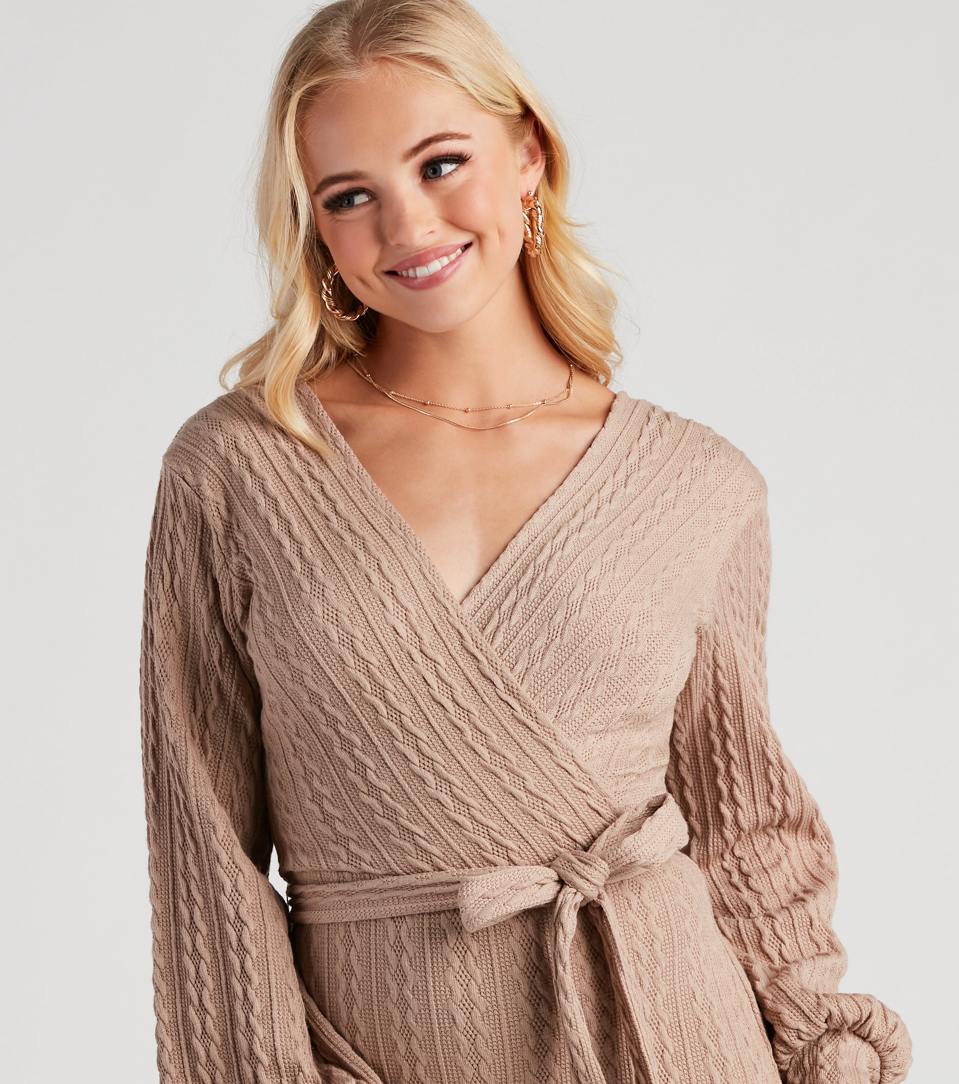 Cozy Cable Knit Tie-Front Mini Dress