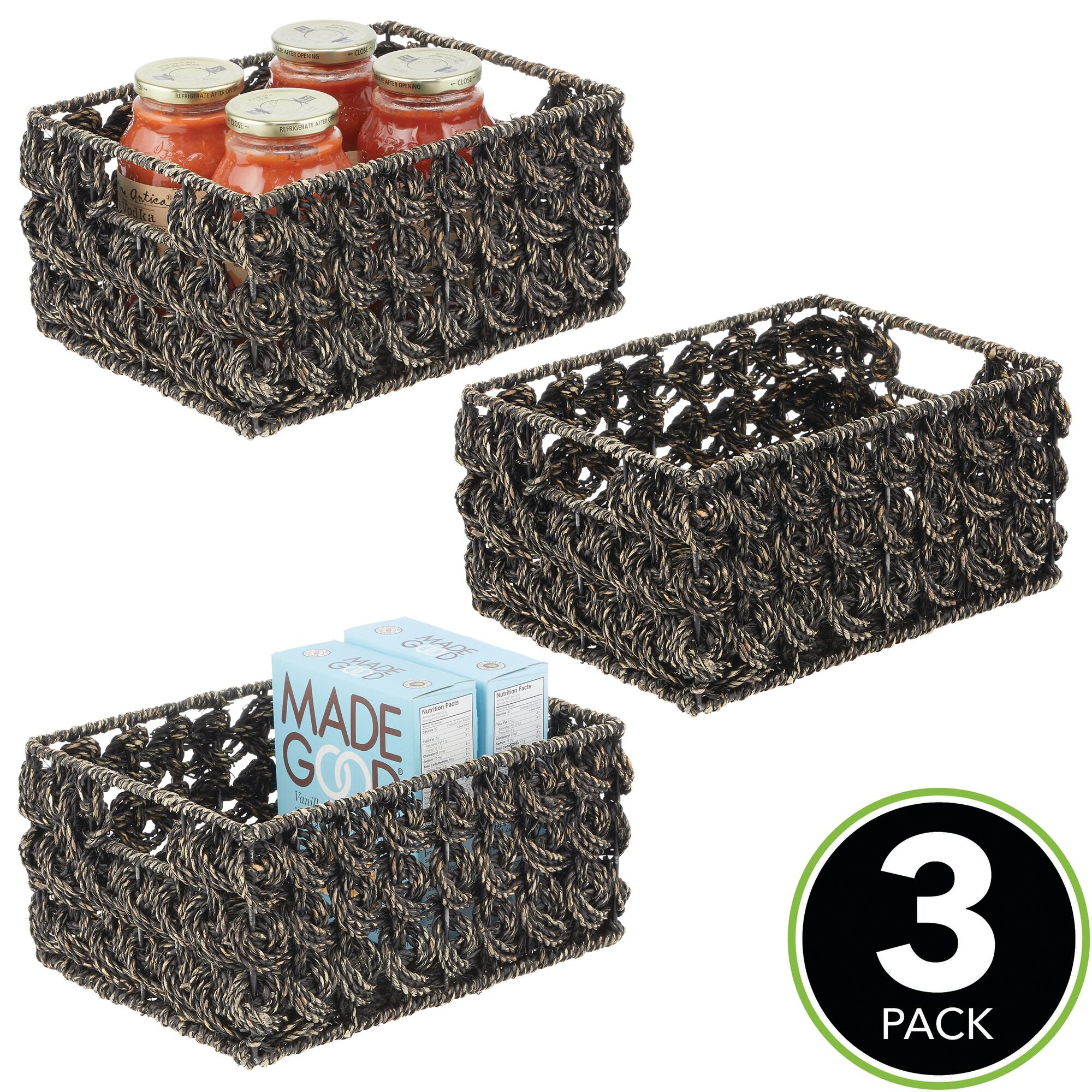 mDesign Woven Seagrass Kitchen Cabinet Pantry Storage Organizer Basket Bin with Handles - Store Fruit, Snacks, Cereal, Oil and Vinegar, Baking Supplies, Pastas, Packets, 3 Pack - Black Wash