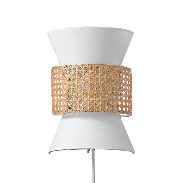 Ayla 2 light Plug in Or Hardwire Wall Sconce With White Fabric Shade And Rattan Accent Globe Electric