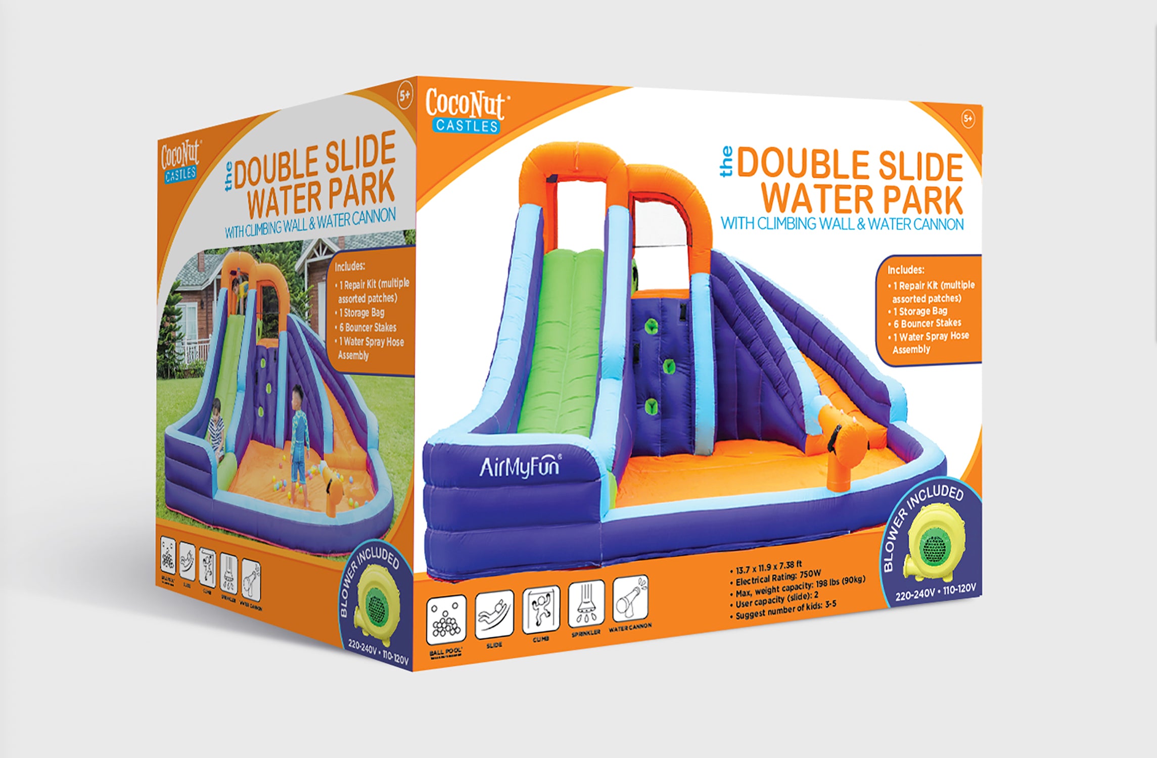 CocoNut Castles Double Slide Inflatable Water Park with Climbing Wall & Water Cannon