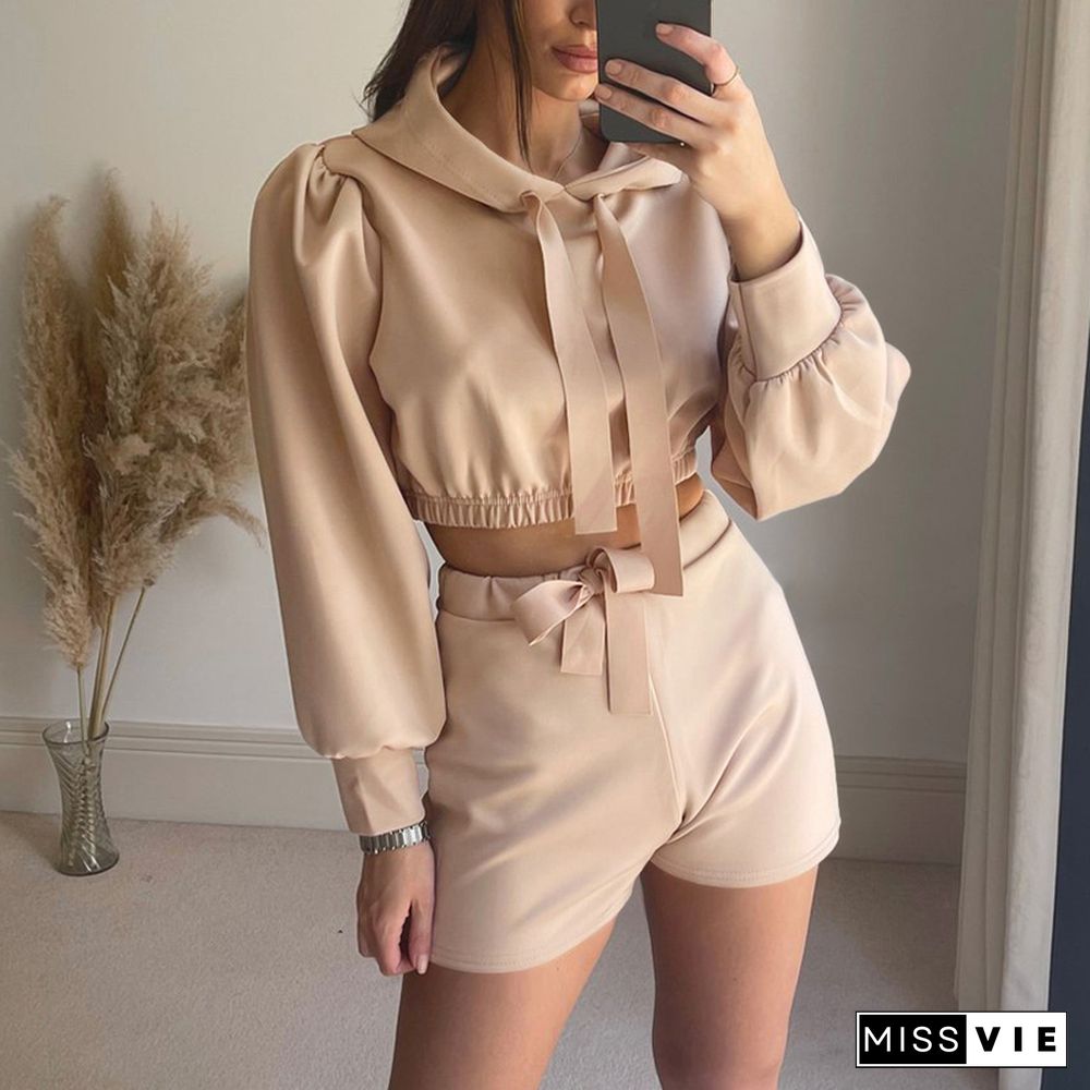 Women Autumn Tracksuits Hooded Ribbon Long Sleeve Crop Sweatshirts + Shorts Suits Casual Sweet Ladies Solid Color Two Piece Set