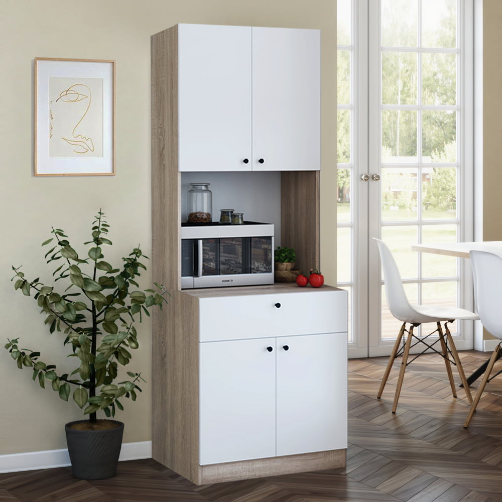 Living Skog 71'' Pantry Kitchen Storage Cabinet with Storage Shelves and Microwave, in White Height 71'', Length 26'', Width 19''