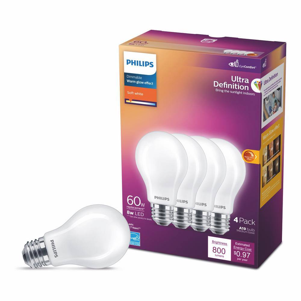 Philips 60-Watt Equivalent A19 Ultra Definition Dimmable E26 LED Light Bulb Soft White with Warm Glow 2700K (4-Pack) 576116