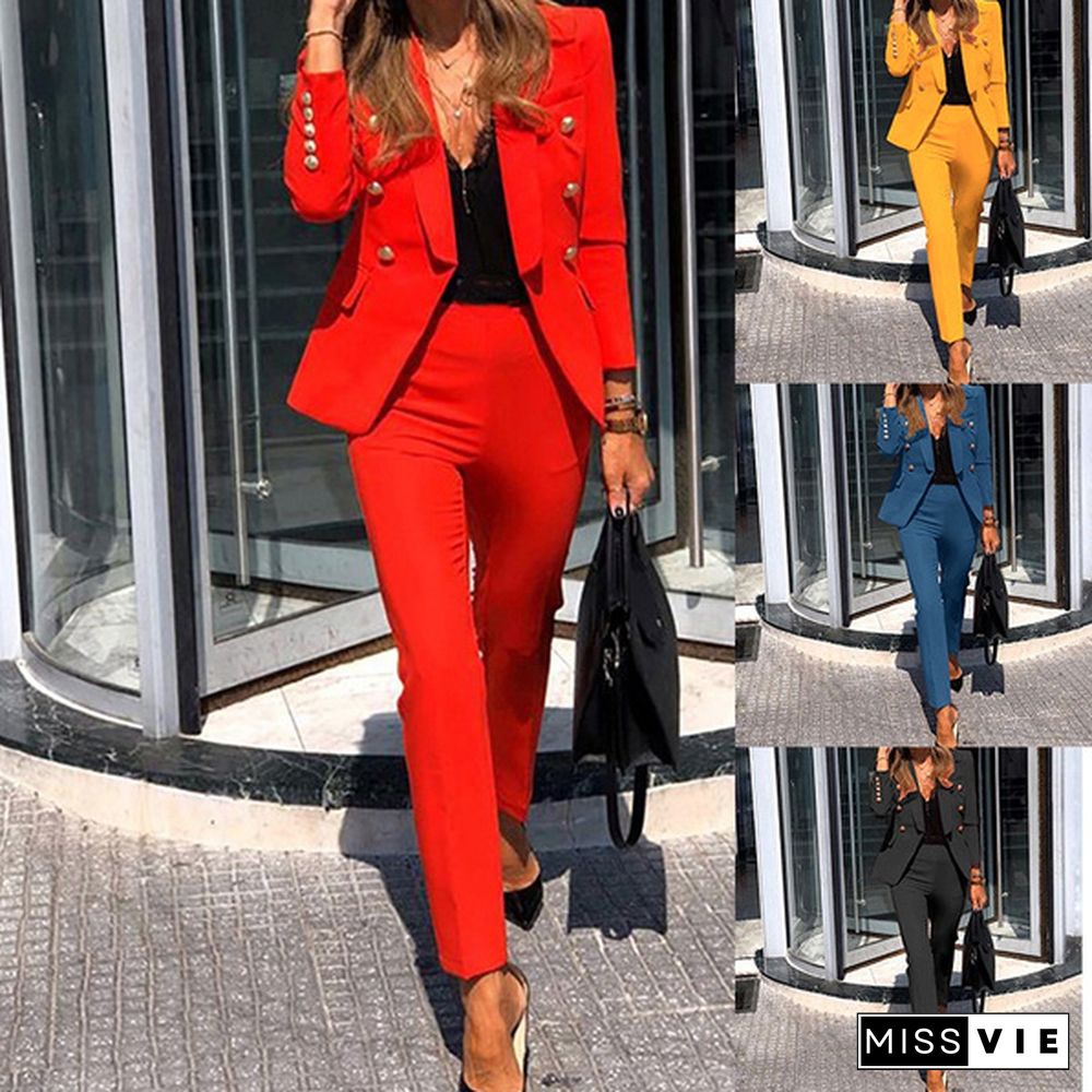 New Women Fashion Solid Color Casual Two-Piece Suit Set Jacket And Pants Sets Plus Size