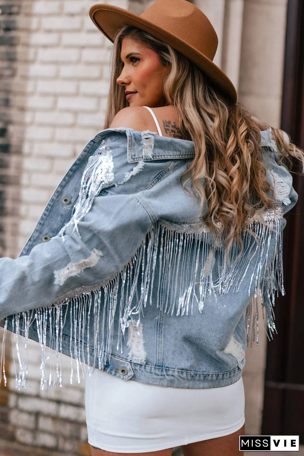 Sky Blue Sequin Embellished Fringe Distressed Denim Jacket