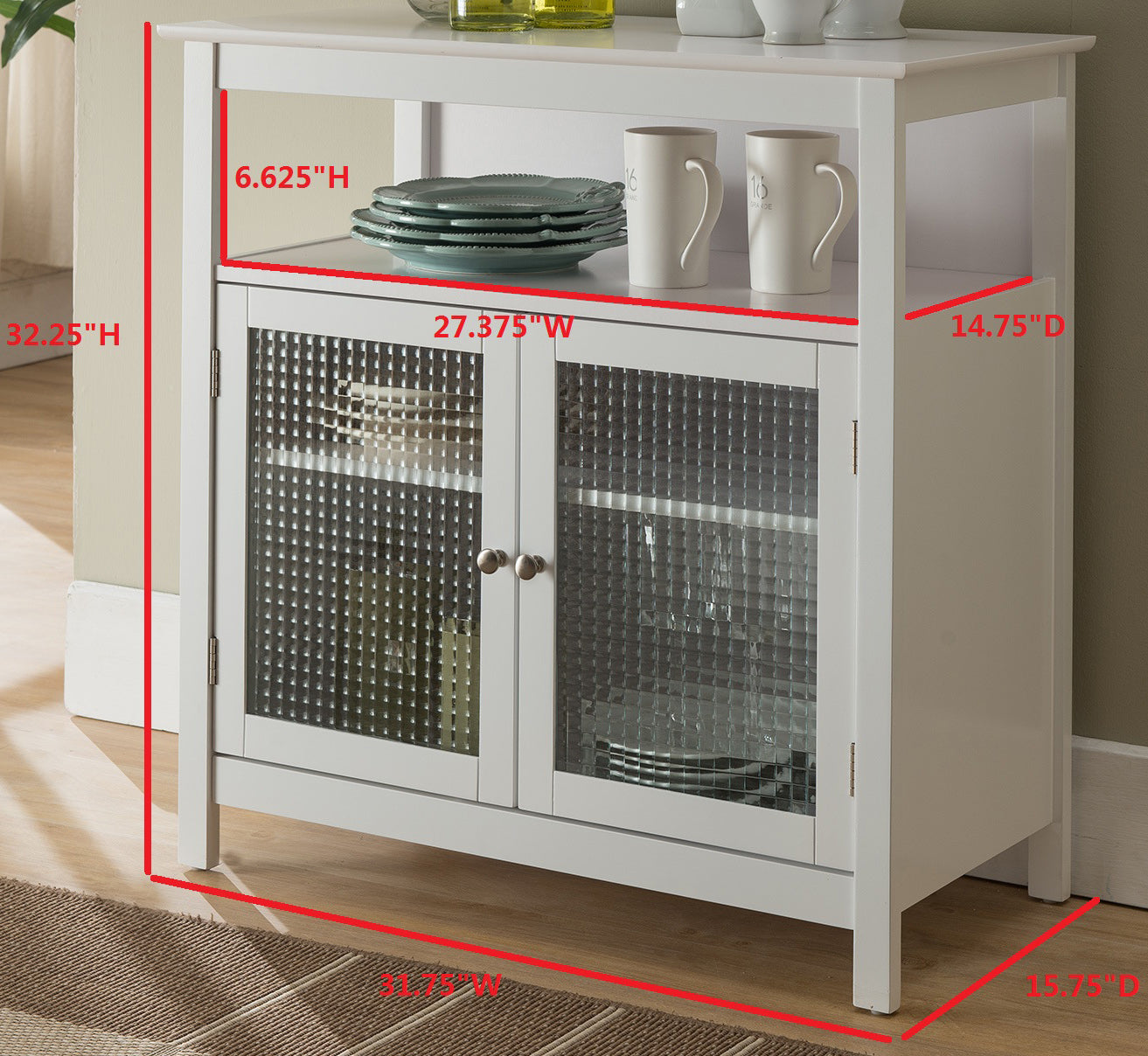 White Wood Kitchen Storage Display Buffet Cabinet With Shelf and Glass Doors