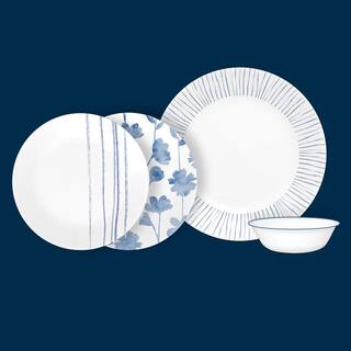 Corelle Botanical Stripes 12-piece Glass Dinnerware Set Service for 4 Blue and White 1149161