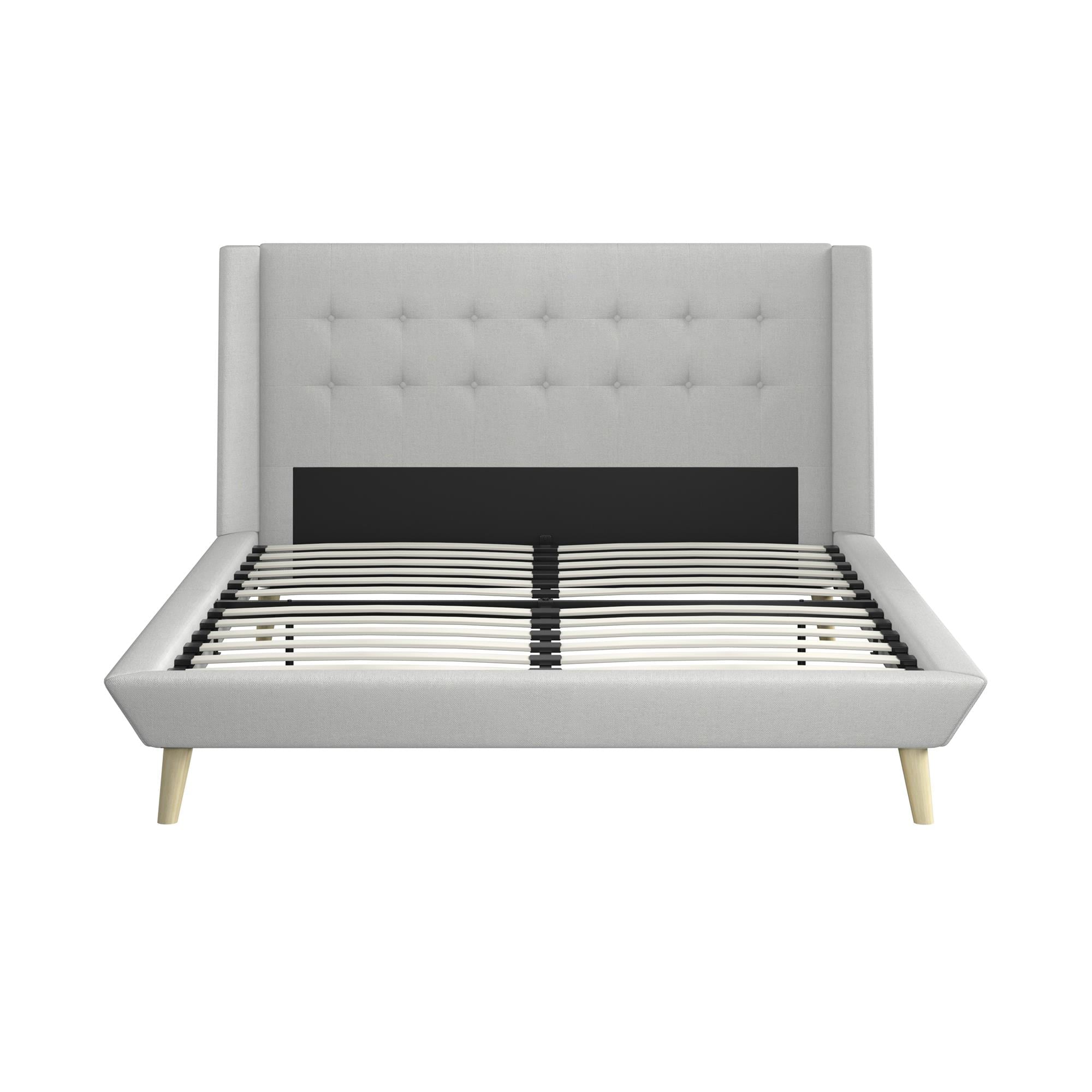 Queer Eye Farnsworth Upholstered Bed with Low Profile Platform Frame, Queen, Light Gray Linen