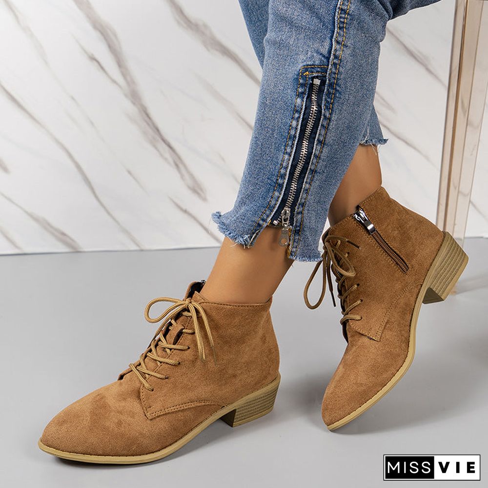 Versatile Lace-up Flat Chunky Heel Short Boots