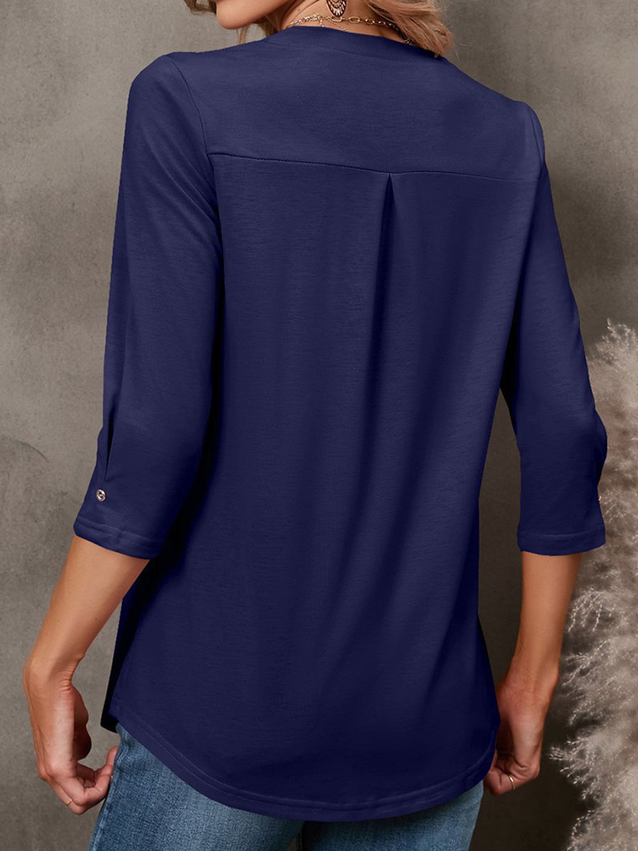 V-neck Casual Loose Solid Color Long-sleeved Blouse