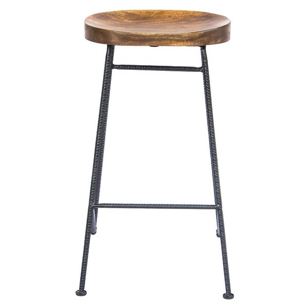 Mango Wood Saddle Seat Bar Stool With Iron Rod Legs， Brown and Black - 28 H x 11 W x 15 L Inches