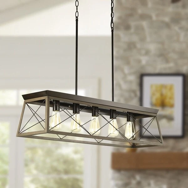 Briarwood Collection Five-Light Galvanized and Bleached Oak Farmhouse Style Linear Island Chandelier Light - Antique Bronze