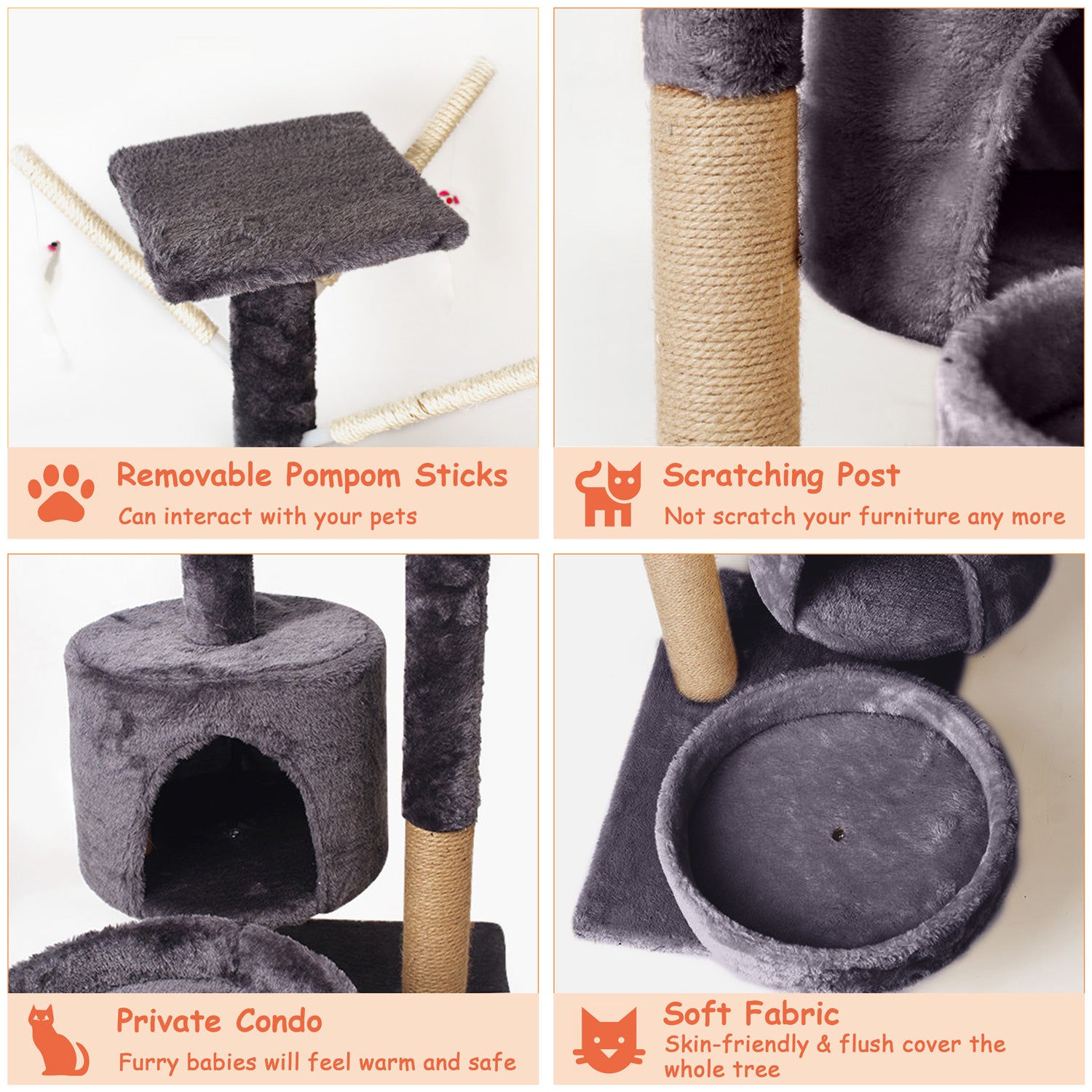 Walchoice Dark Gray Cat Tree Tower， Cat Furniture Activity Center with Scratching Post， 34.6” x 19.7” x 13.8”