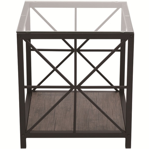 Homylin Industrial Square Side End Accent Table-Glass/Wood