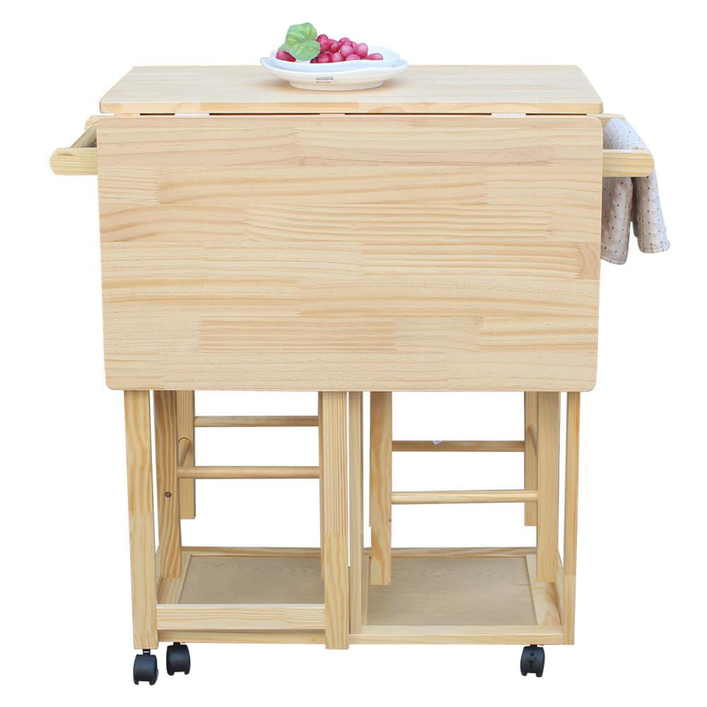 Ktaxon Kitchen Island Rolling Trolley Cart Storage Dinning Table Stools Set Wood