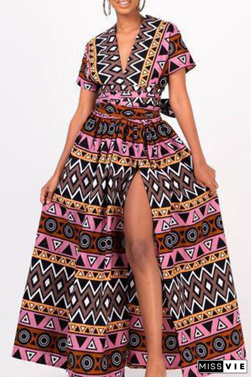 Pink Vintage Elegant Print Bandage Patchwork Slit V Neck A Line Dresses