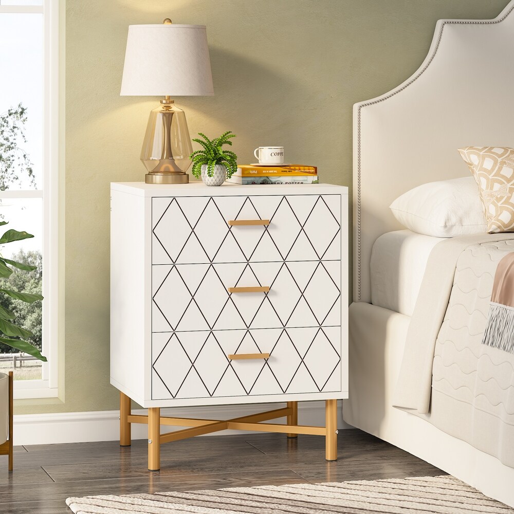 3 Drawer Nightstand Bedside Table with Diamond Design