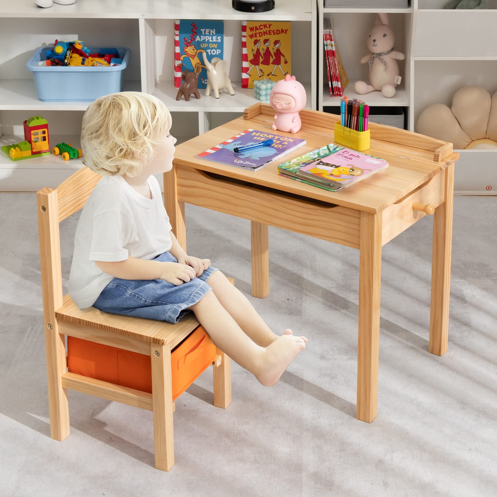 Costzon Kids Table and Chair Set, Flip Top Toddler Study Desk w/Chair for Playroom Nursery