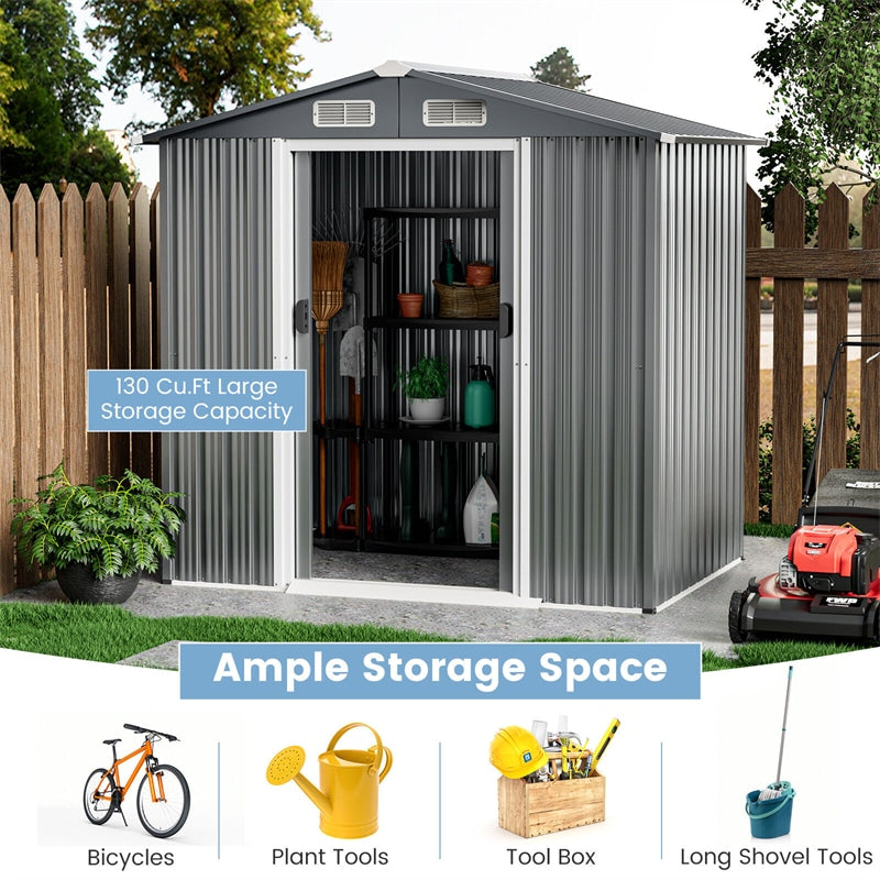 6 x 4 FT Outdoor Storage Shed Galvanized Steel Garden Storage Shed with Lockable Double Sliding Door