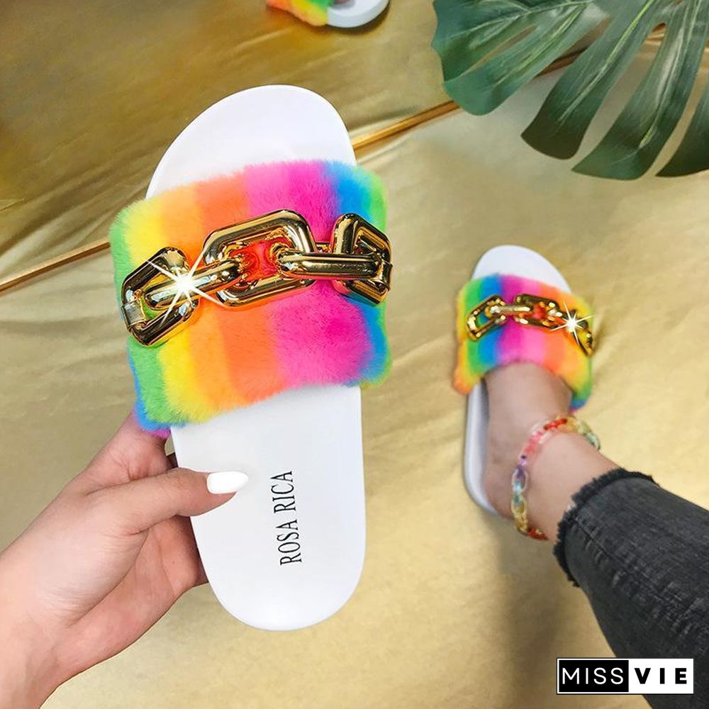 Summer Chic Fluffy Rainbow Slipper