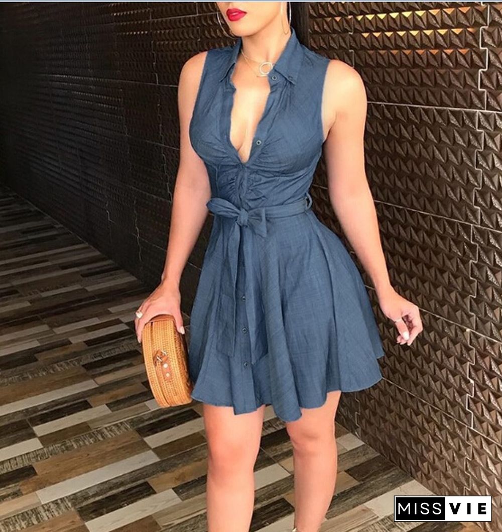 Women Summer Bodycon Denim sleeveless Short Dress Party Evening Mini Dress