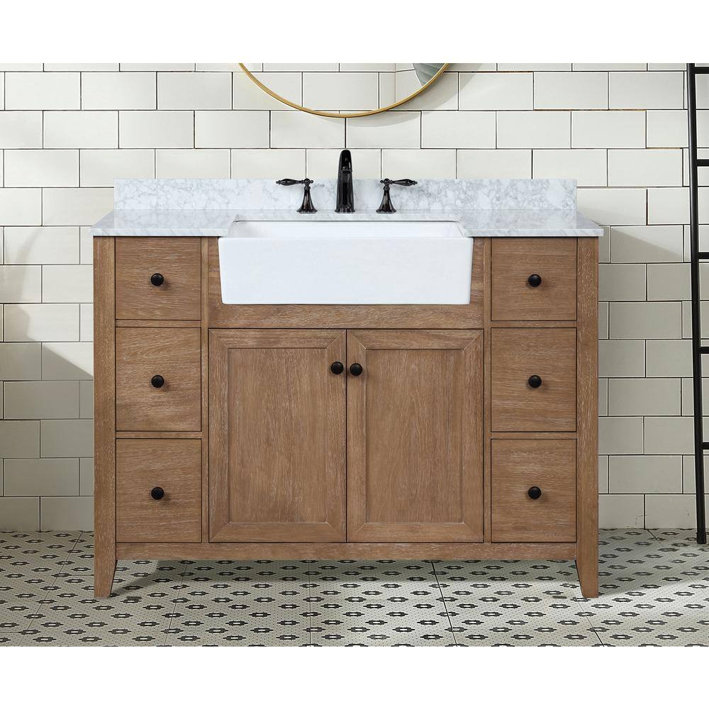 Ari Kitchen and Bath Sally 48 in. Single Bath Vanity in Ash Brown with Marble Vanity Top in Carrara White with Farmhouse Basin AKB-SALLY-48-ASHBR