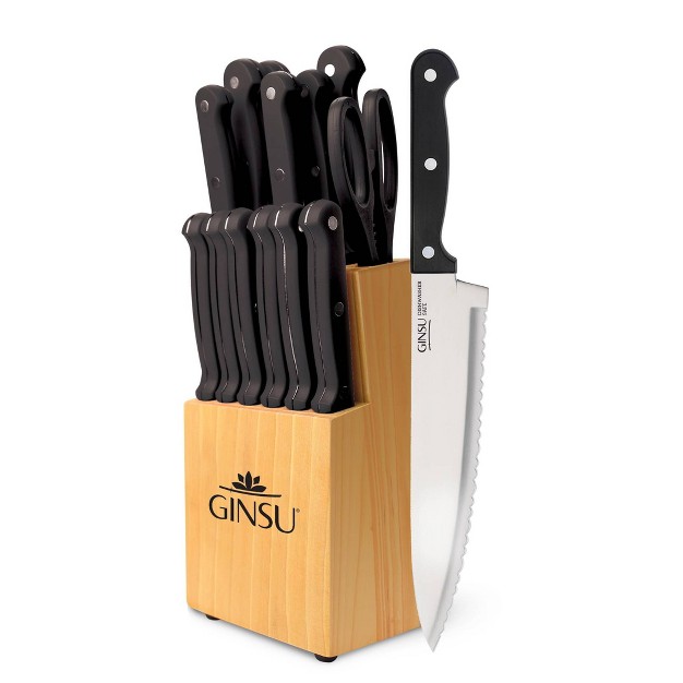 Ginsu Kiso Dishwasher Safe 14pc Knife Block Set Natural With Black Handles