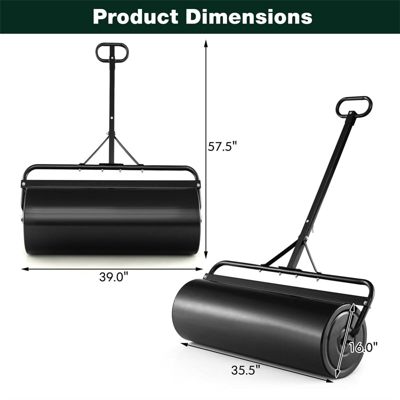 Push/Tow-Behind Lawn Roller with Detachable Handle 30 Gallon Water/Sand-Filled Sod Drum Roller for Garden Yard Park Farm