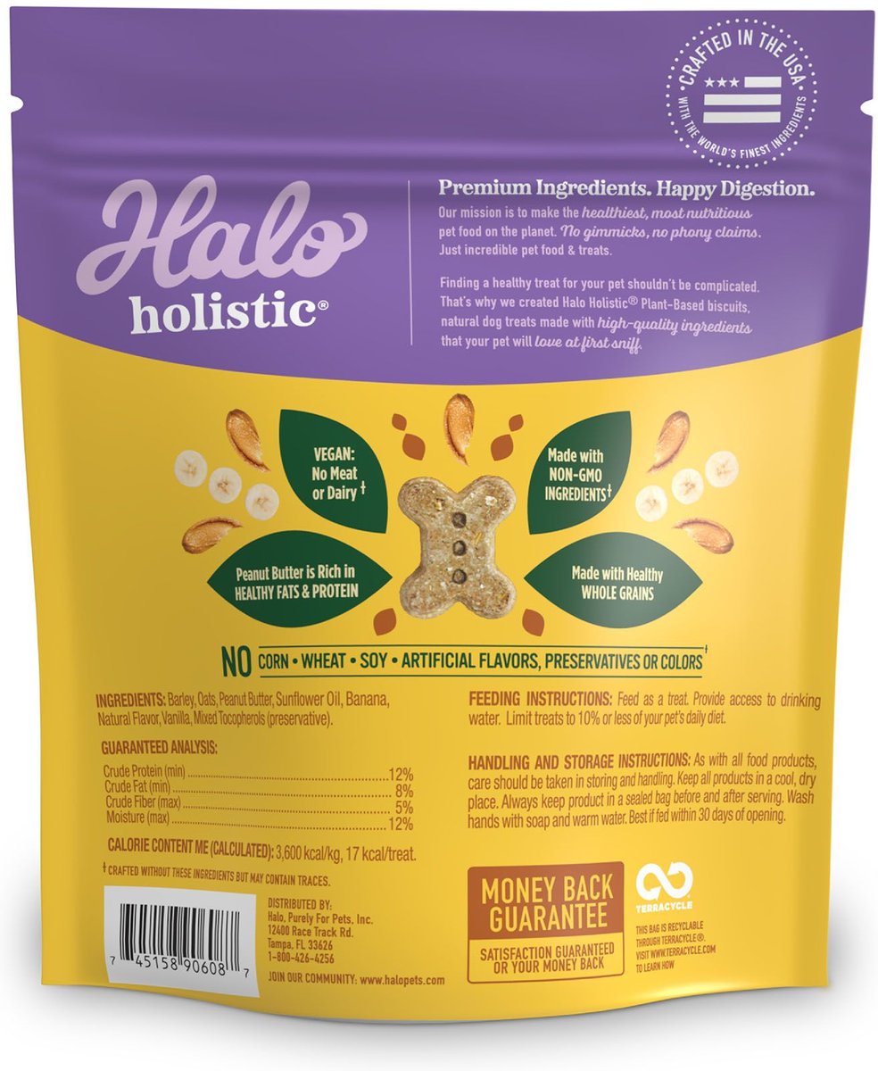 Halo Plant-Based Dog Treats with Peanut Butter and Banana Vegan Dog Treat， 8-oz bag