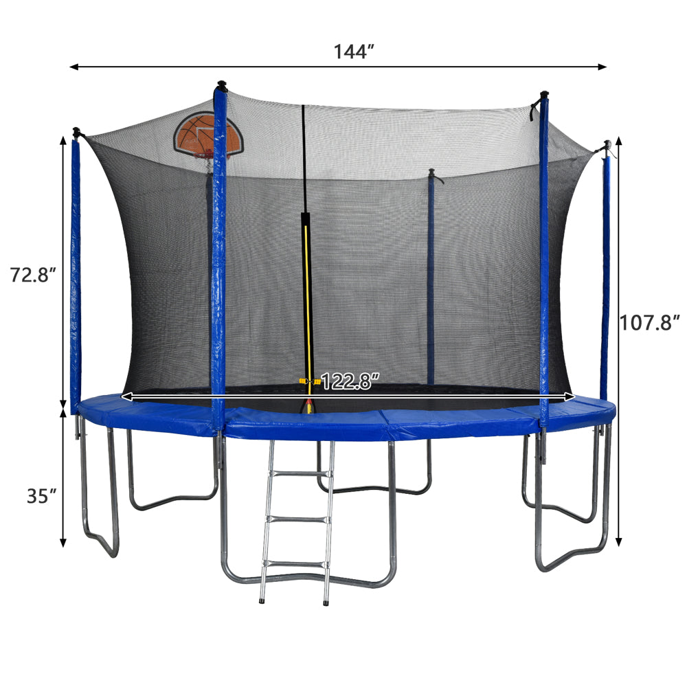 12ft Trampoline ， 200lb Weight Limit With Backboard Net，Outdoor Backyard Trampoline - Blue，N00112