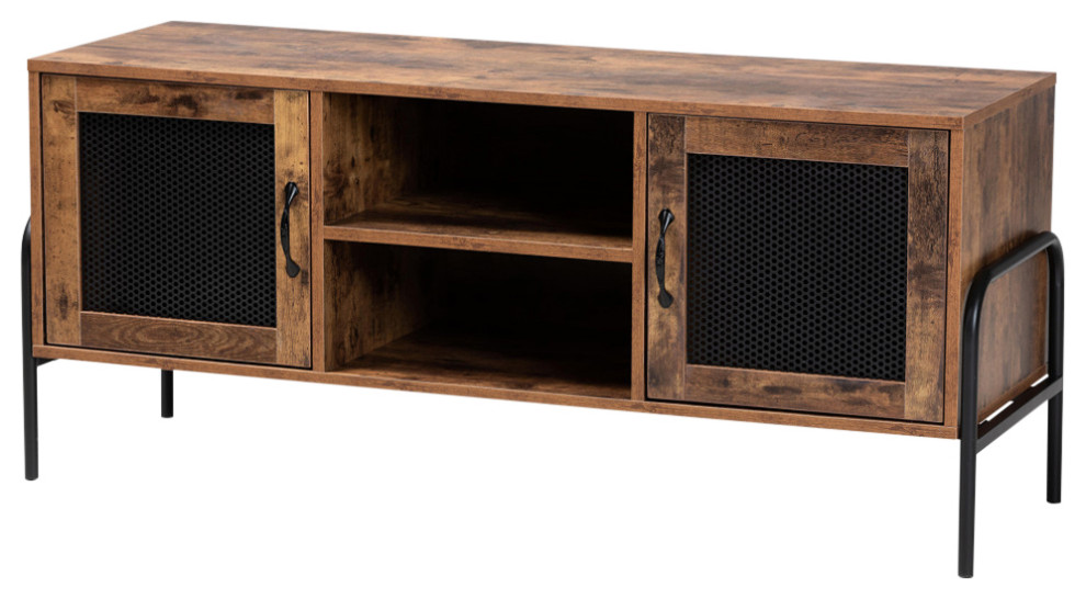 Odile Industrial Walnut Brown Wood and Black Metal   Industrial   Entertainment Centers And Tv Stands   by Baxton Studio  Houzz