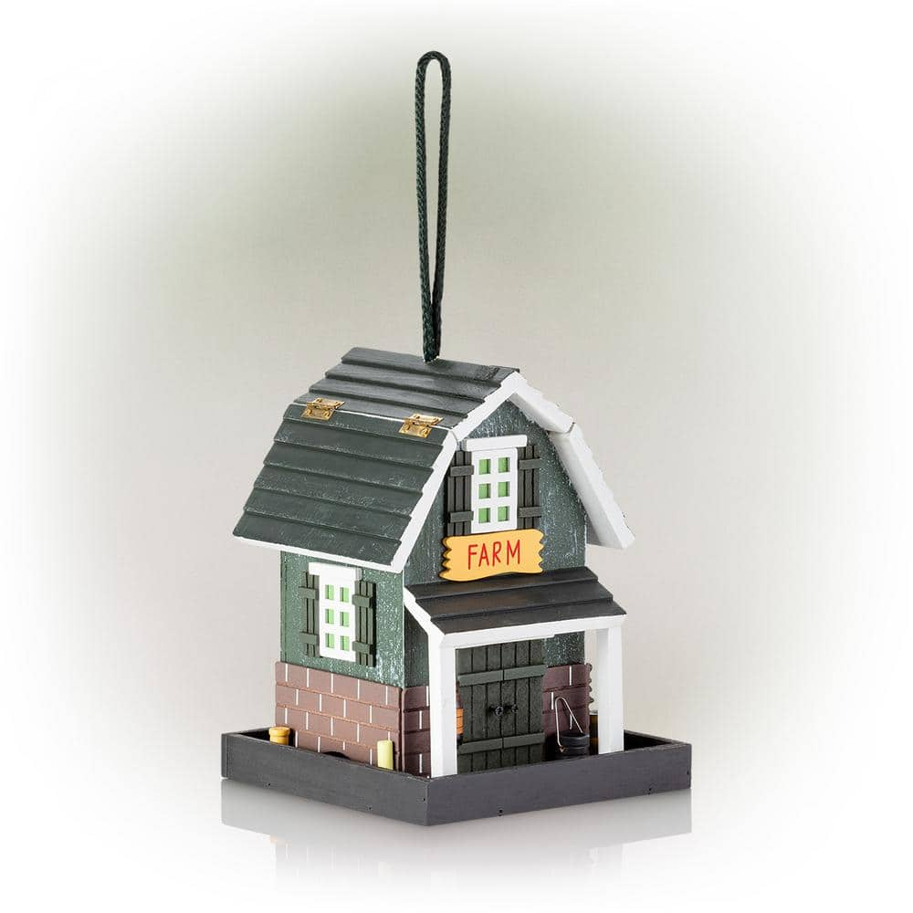 Alpine Corporation 9 in. Tall Wooden Farm Store Hanging or Table Outdoor Bird Feeder House, Black ACM118