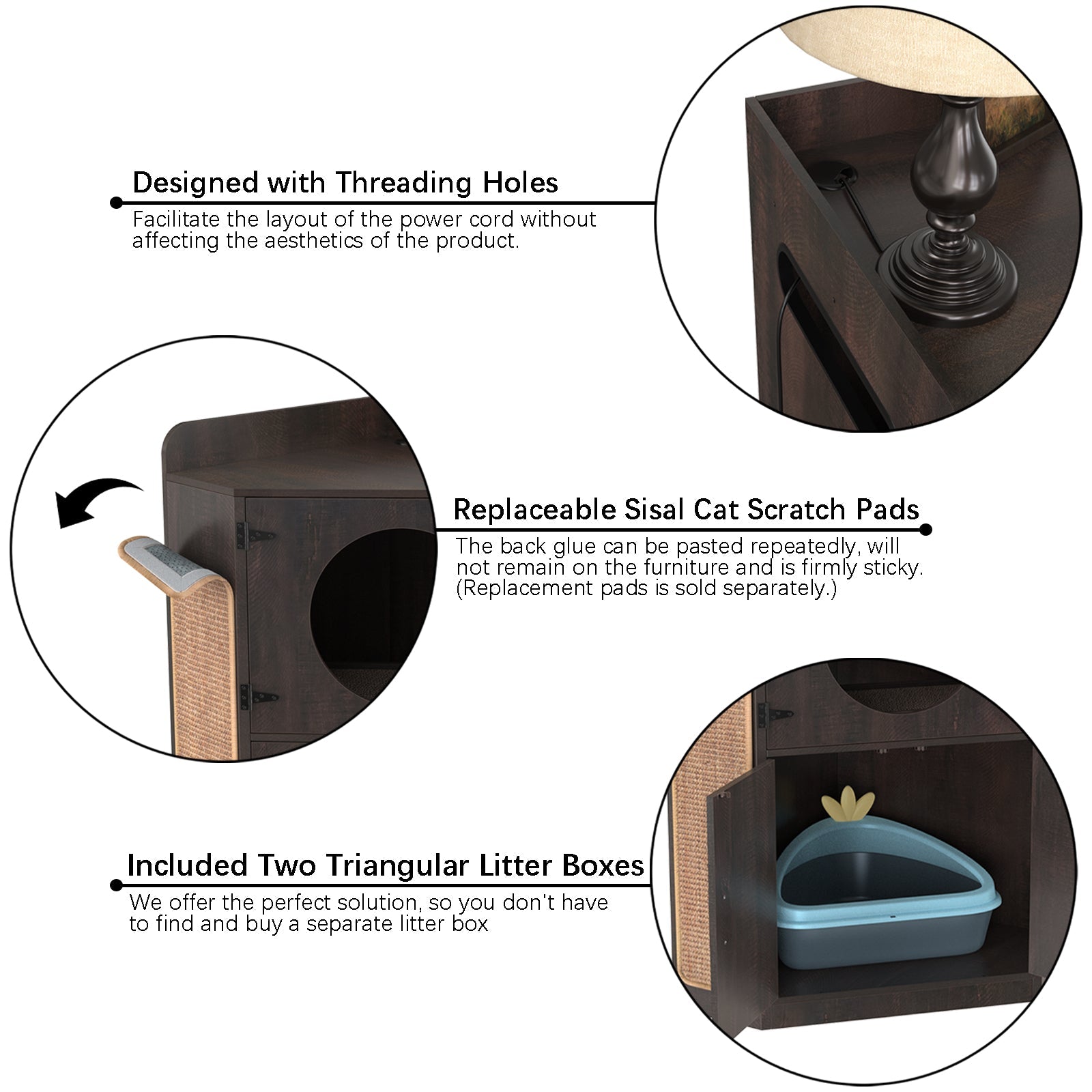 GDLF Litter Box Enclosure， Corner Furniture Style Cat House with Scratch Pad and 2 Corner Litter Boxes Included