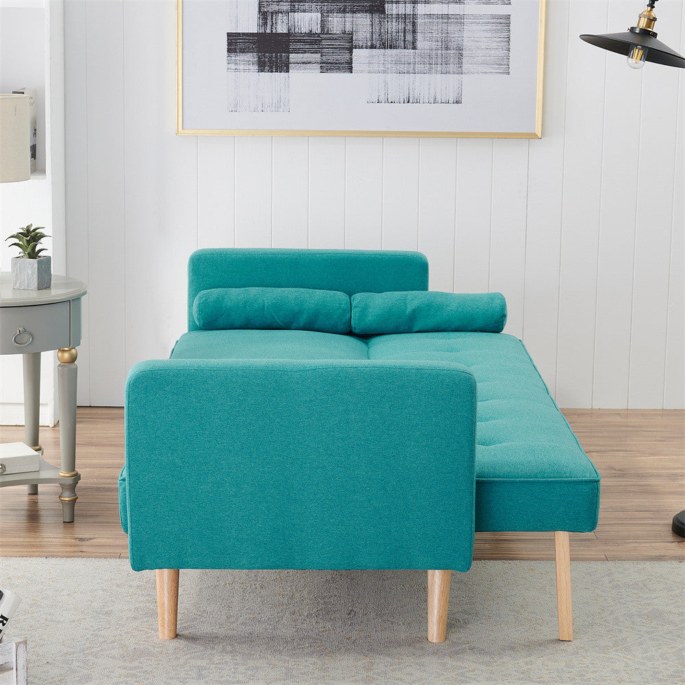 Futon Sofa Bed Upholstered Linen Sleeper Sofa with Adjustable Backrest Modern Design Convertible Futon Sofa Couch Multifunction Sleeper Sofa Bed Retro Blue