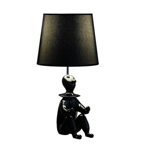 Fabric Shade Table Lamp with Polyresin Sitting Clown Base， Black