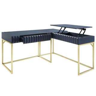 Furniture of America Gotheimer 56.75 in. L-Shaped Blue and Gold Writing Desk Set with Lift-Top IDF-DK406BL-SET