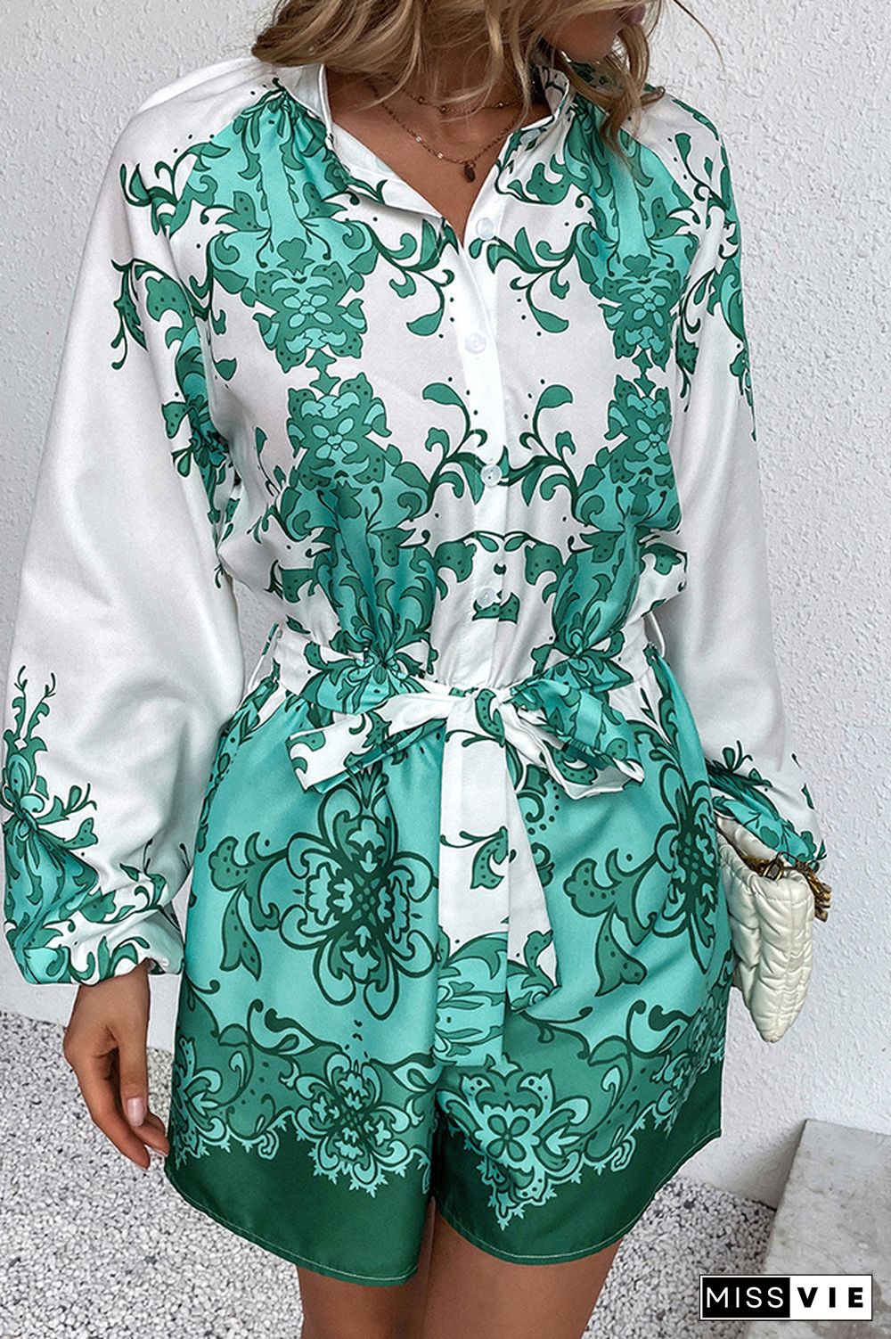 Green Puffy Sleeves Printed Rompers