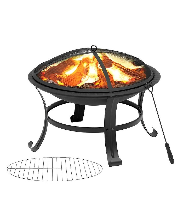 SUGIFT 26 Outdoor All-Season Portable Steel Fire Pits Fire Places with Spark Screen Barbecue Net Poke