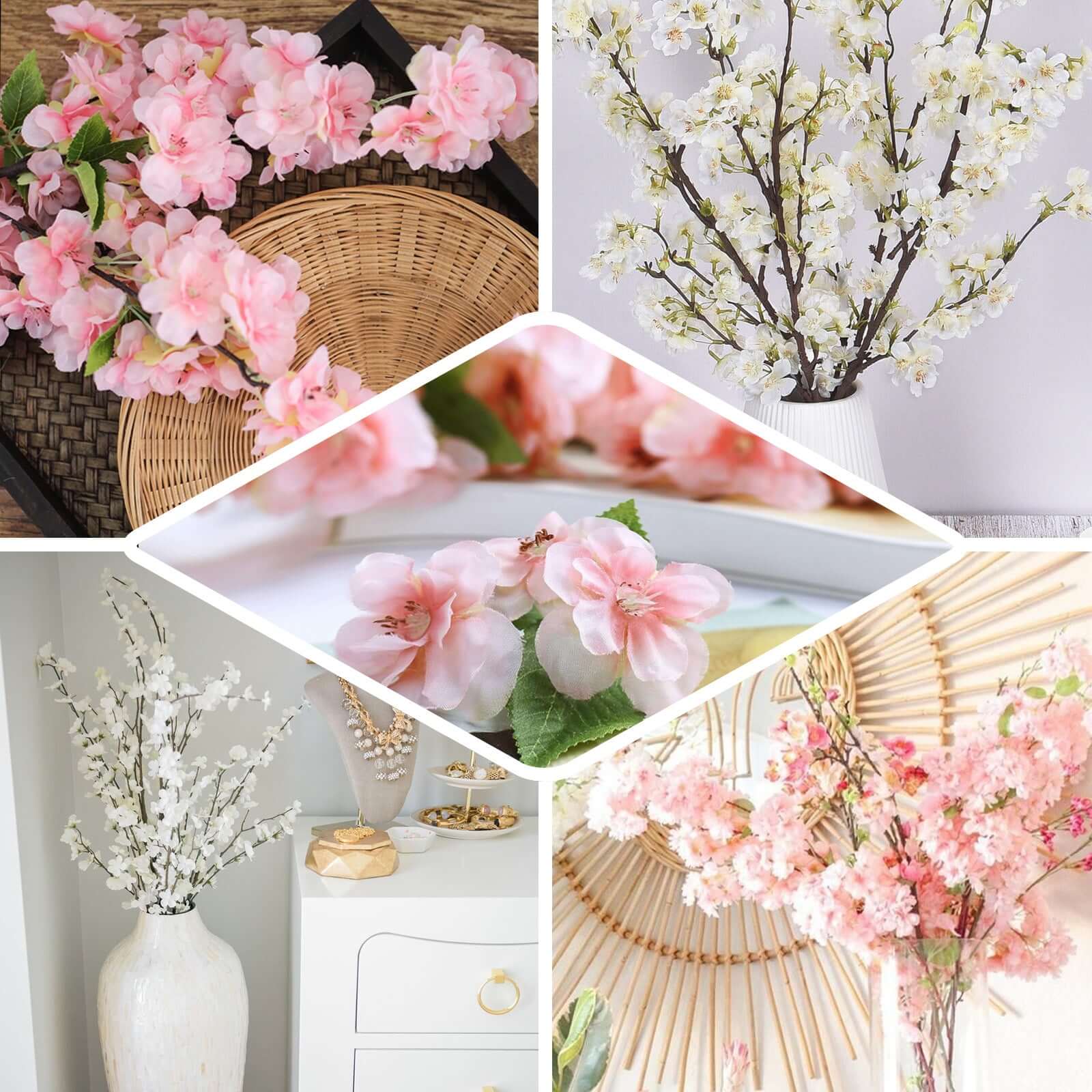 4 Bushes Cream Artificial Silk Cherry Blossom Flowers, Branches 40