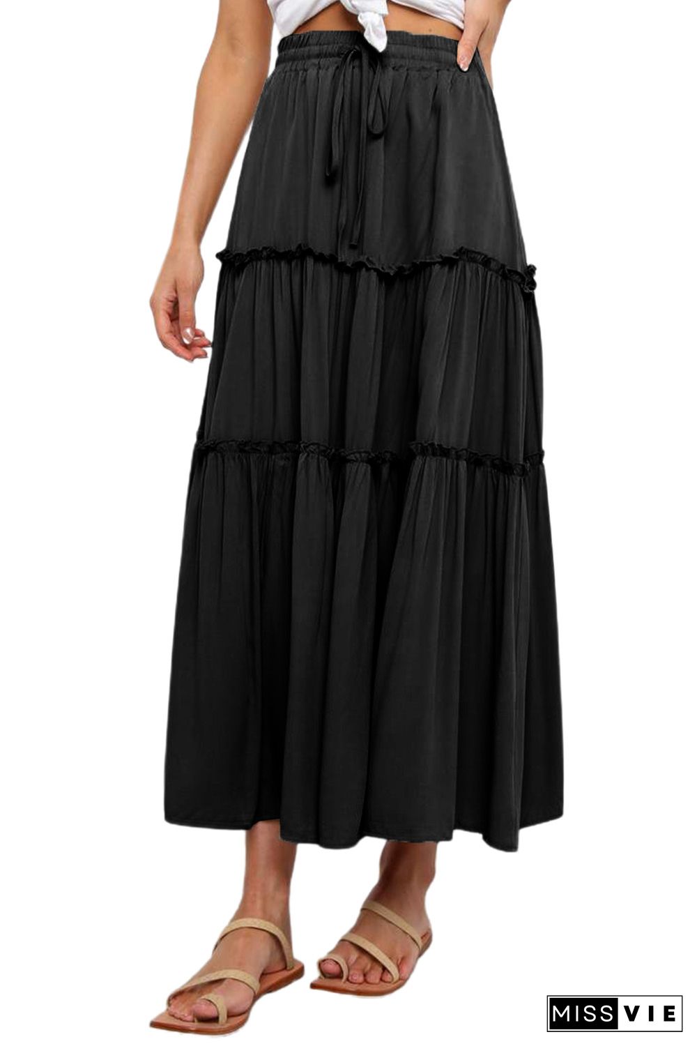 Black Solid Layered Ruffled Drawstring High Waist Maxi Skirt