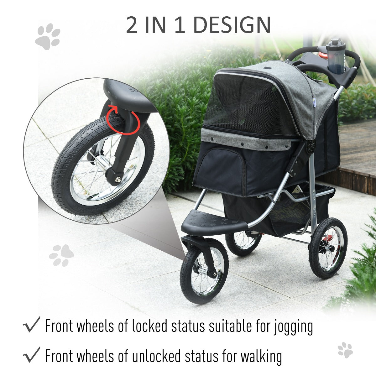 Luxury Folding Pet Stroller Dog/Cat Travel Carriage with Adjustable Canopy and a Zippered Mesh Window Door - Grey