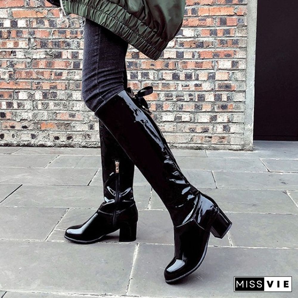 Women Knee High Boots Patent Leather Shoes Chunky Mid Heel Winter Boots Spring Autumn Fashion Plus Size