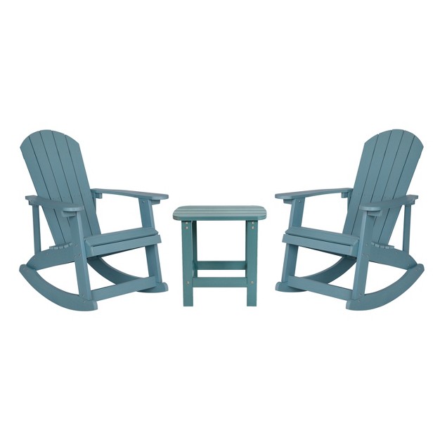 Flash Furniture Set Of 2 Savannah All weather Poly Resin Wood Adirondack Rocking Chairs With Side Table