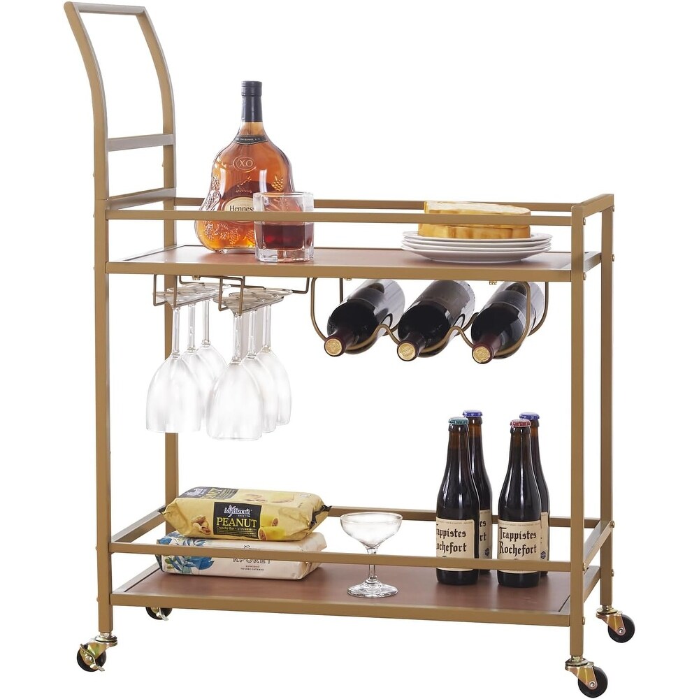 Gold Wood Wine Kitchen Cart with Wheels and Wine Rack