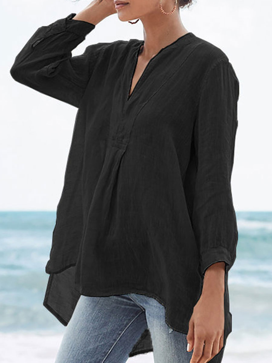 V-neck Loose Casual Solid Color Long-sleeved Blouse